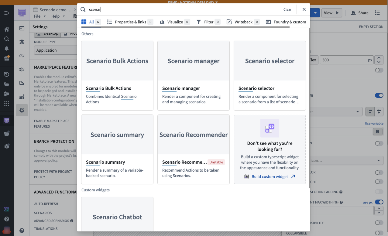 Workshop widget search panel showing scenario-specific widgets, including Scenario Manager, Scenario Selector, and Scenario Summary.