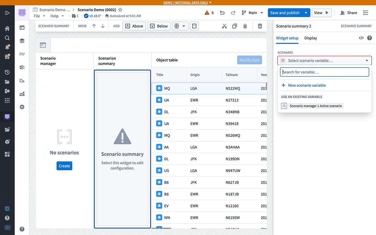 Scenario Summary widget configuration connected to the Active scenario variable from the Scenario Manager widget.
