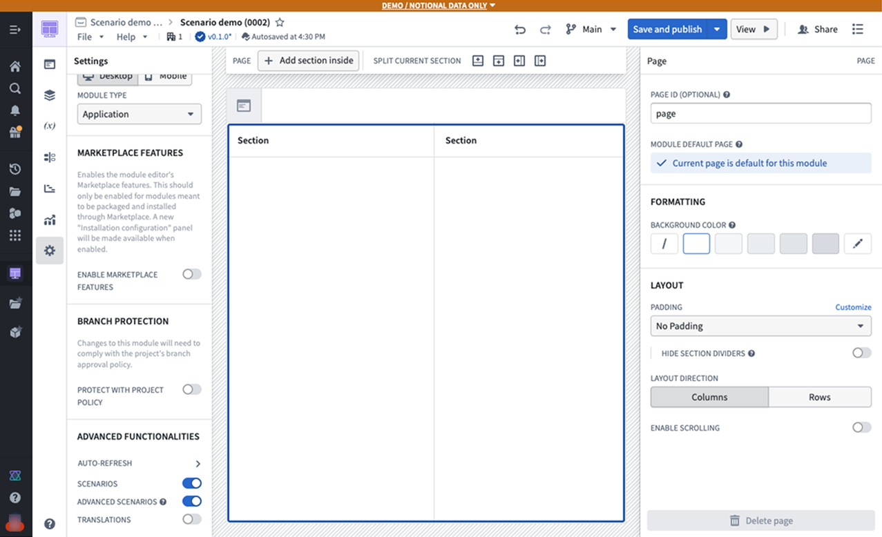 A Workshop Settings panel with the Scenarios toggle enabled in the Advanced Functionalities section.