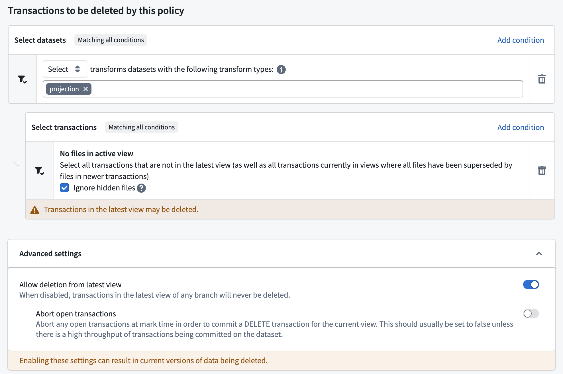 An example shows a custom retention policy for projection datasets.