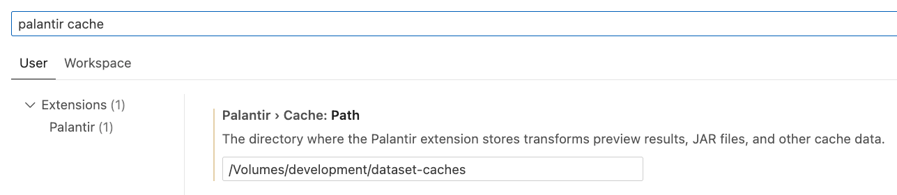 Palantir cache settings inside the VS Code settings page
