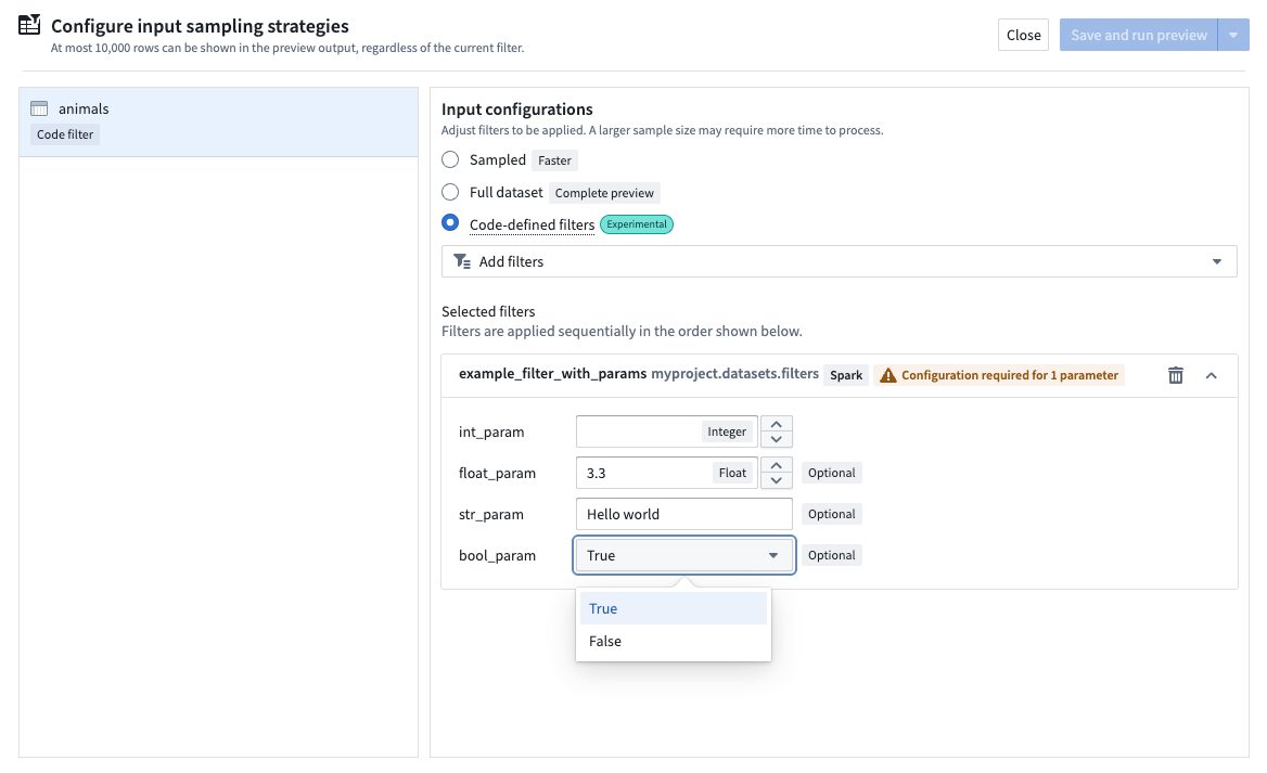 Applying a code-defined filter with parameters.