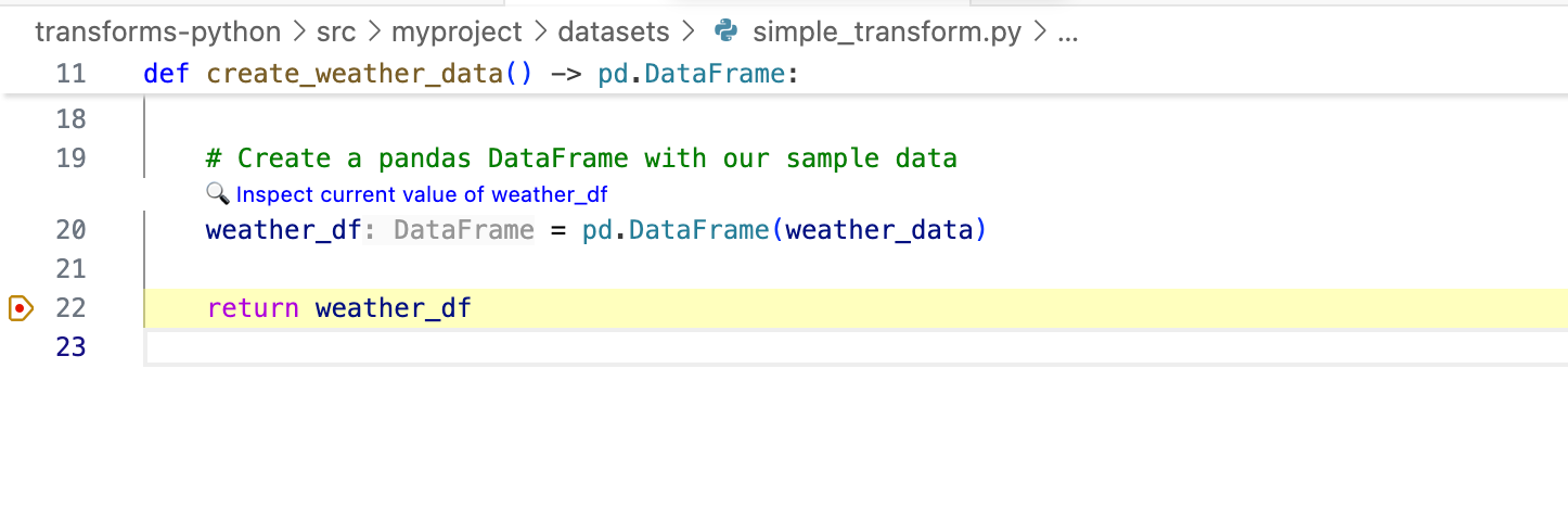 The "Inspect variable" option above an example Python transform.