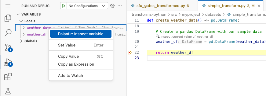 The "Inspect variable" option in Visual Studio Code's Debug panel.