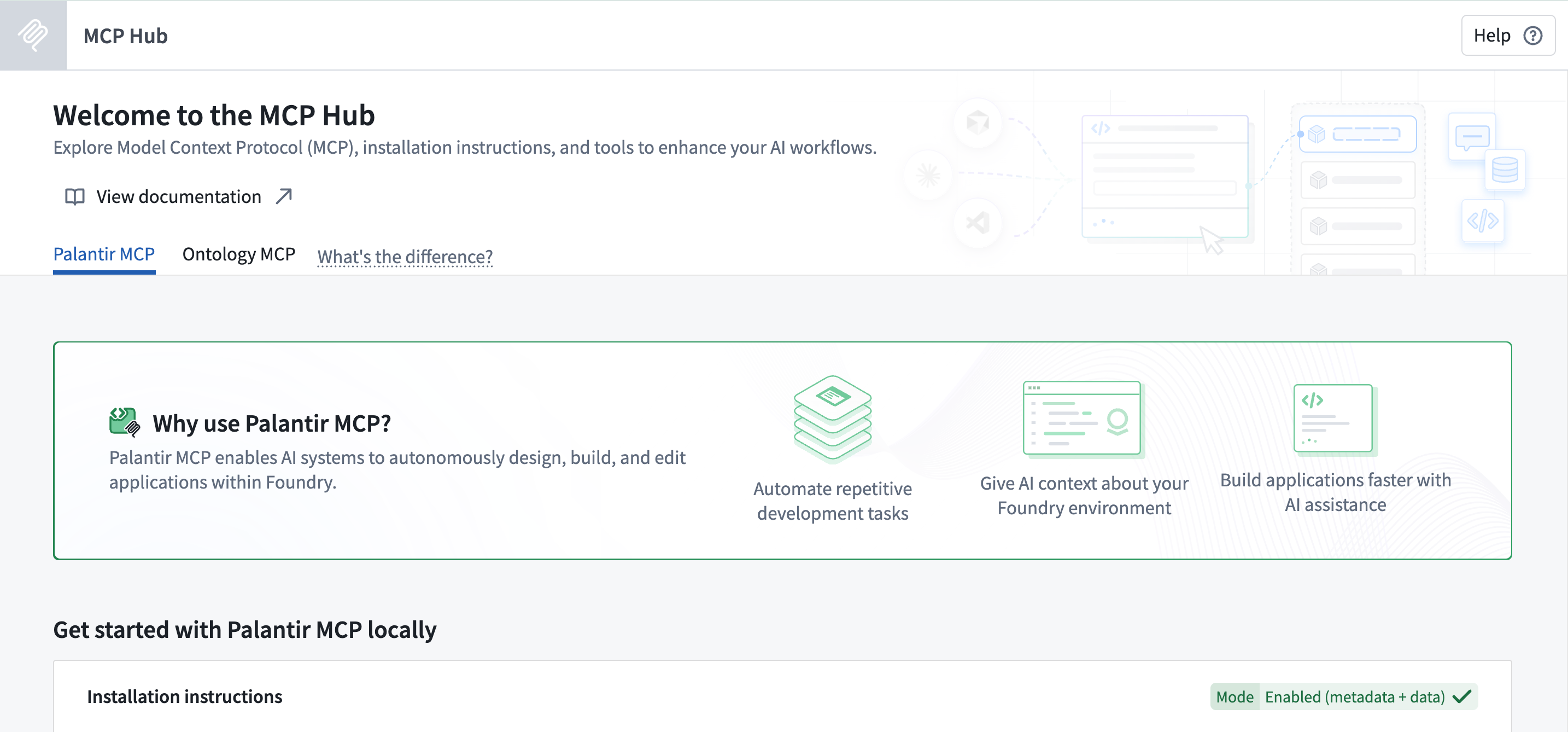 The MCP Hub welcome page displays Palantir MCP installation instructions.