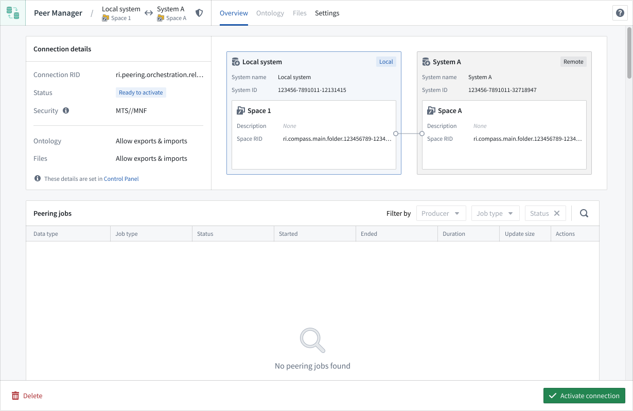 Peering connections' activate dialog.