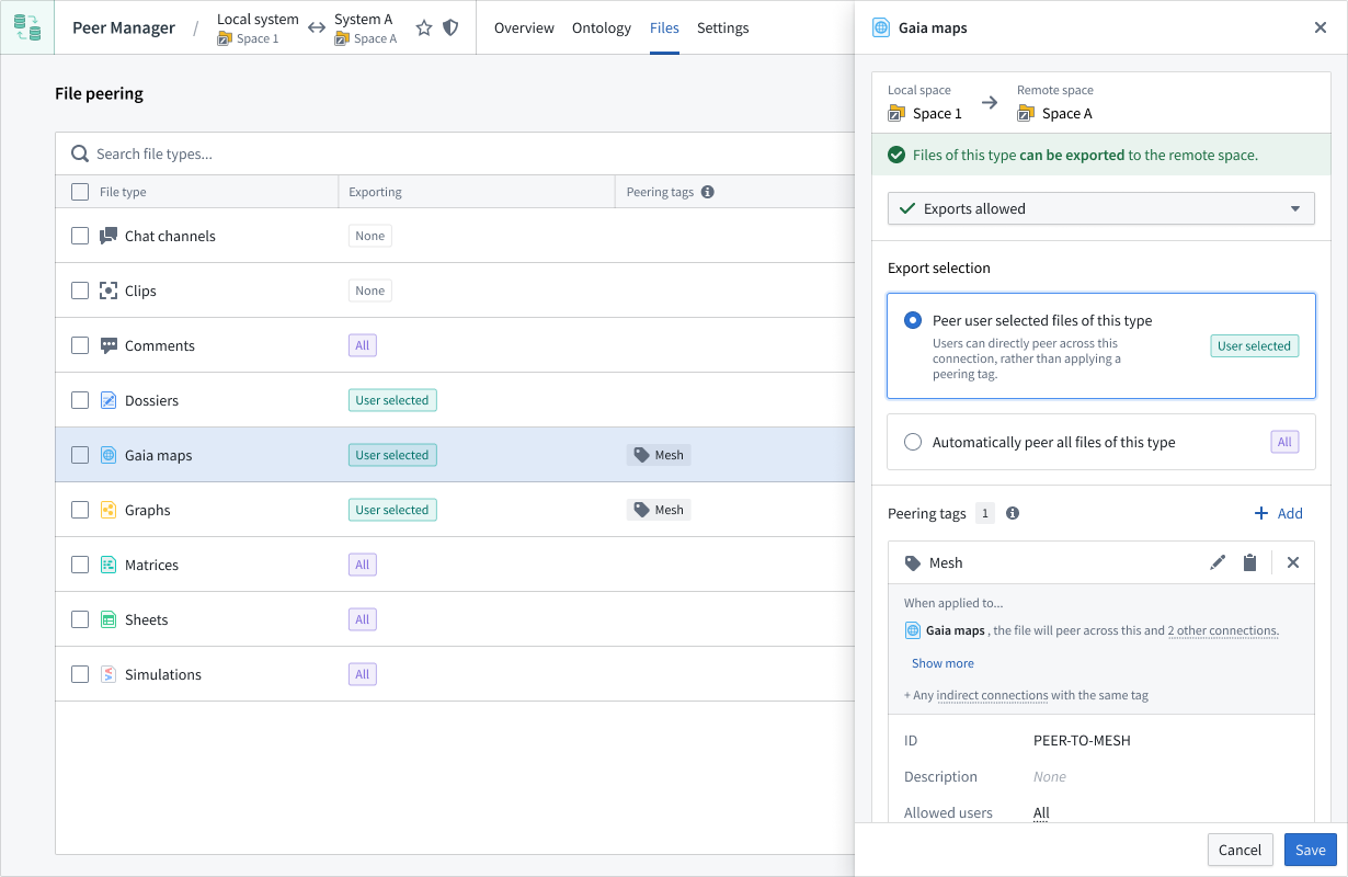 The side panel displays configuration options for a file type's peer settings.