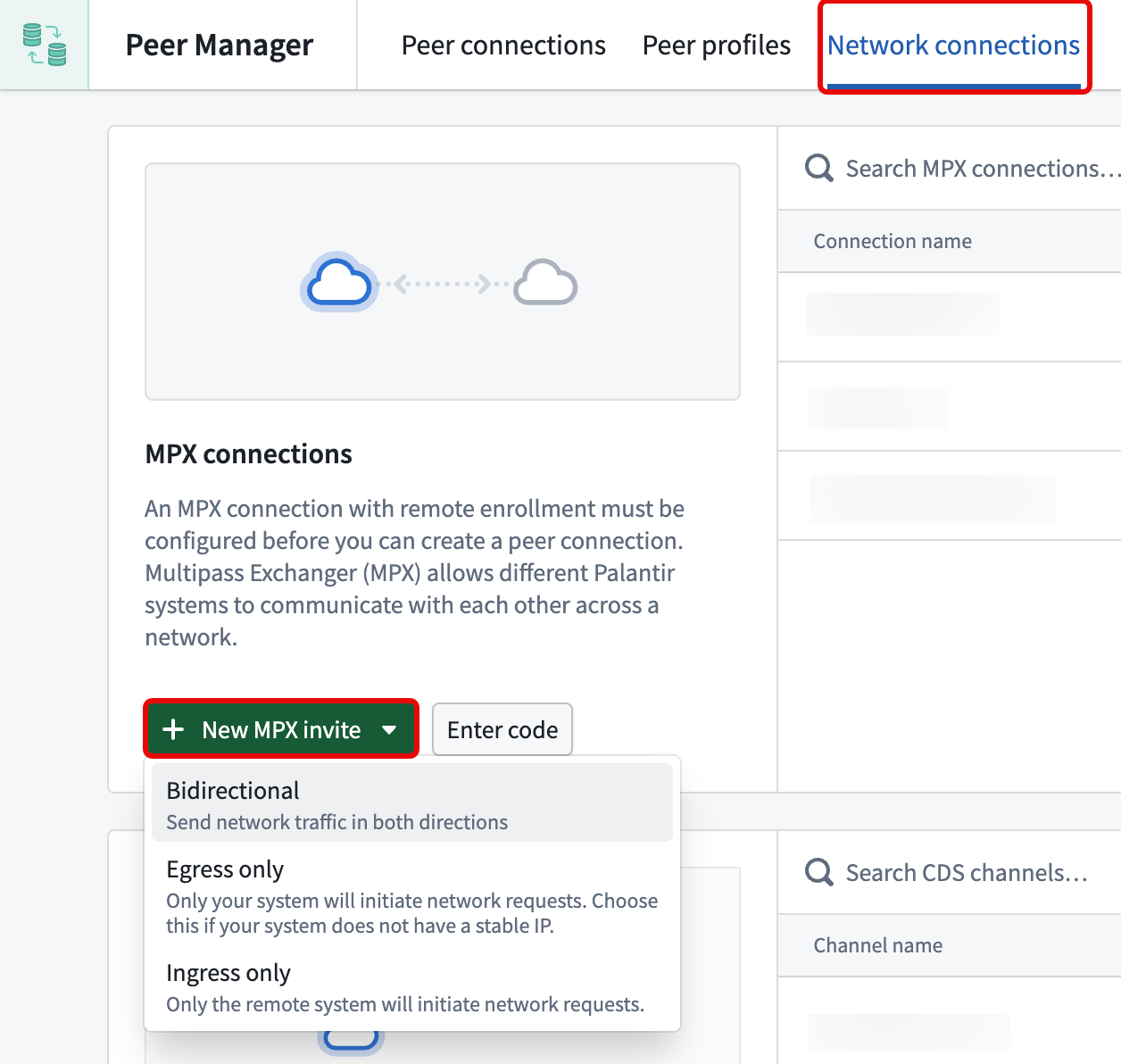 Peer Manager displays MPX invite code directionality options.