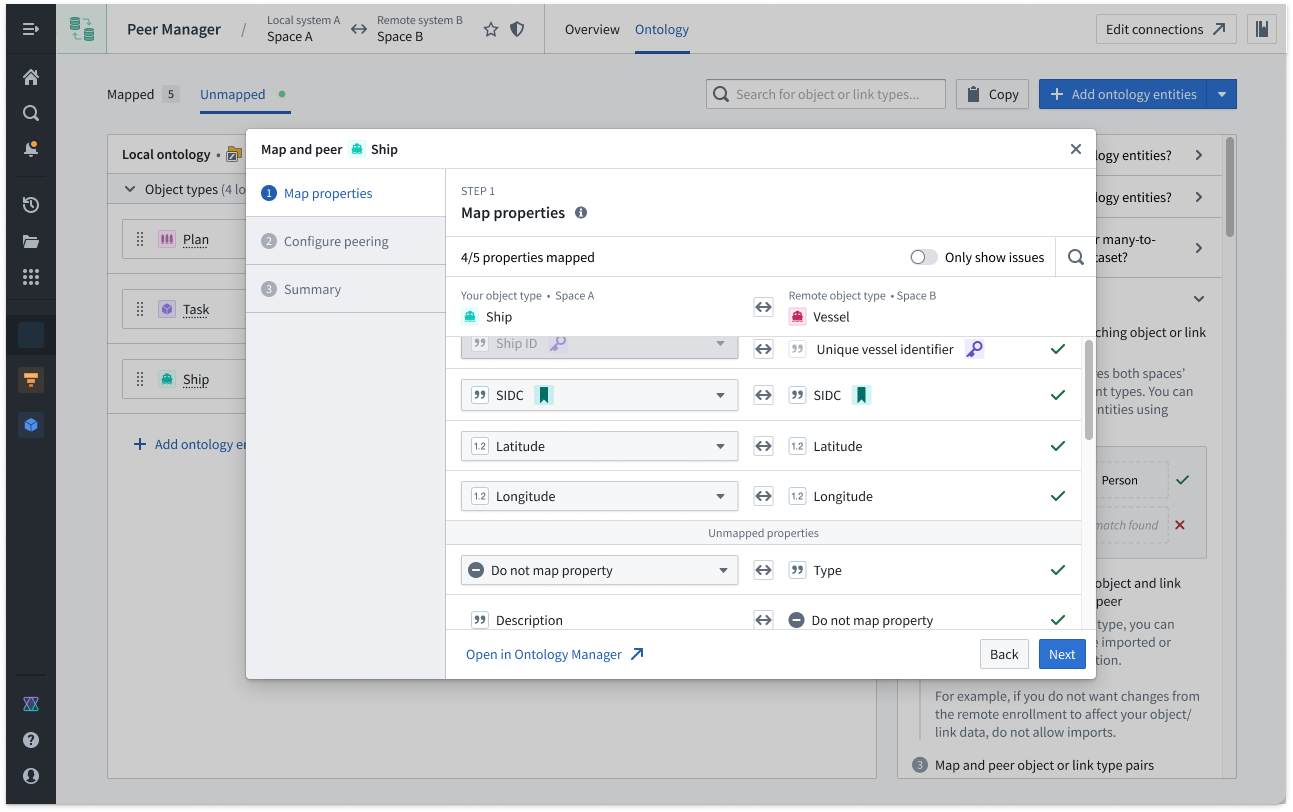 Create a mapping between local and remote object types in the Create ontology mapping popup window to enable peering between the two.