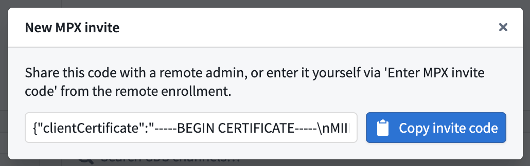The New MPX invite modal is displayed, where you can copy an invite code.