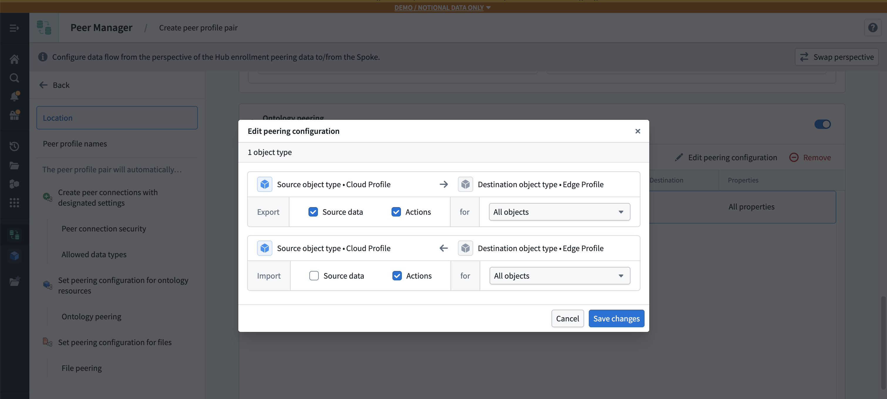 The Edit peering configuration dialog in Peer Manager shows how to configure ontology peering for an object type, with separate Export and Import rows for selecting source data, actions, and the objects the configuration applies to.