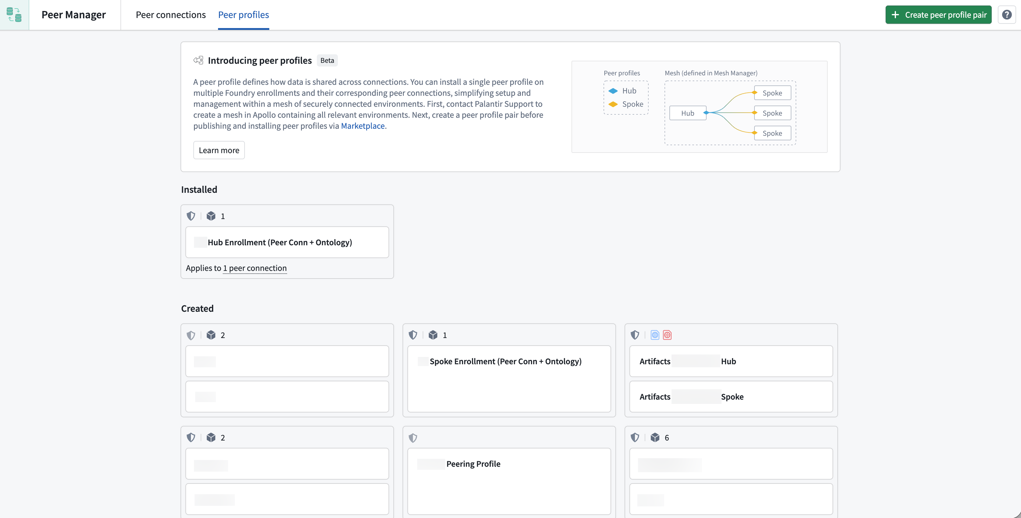 The Peer profiles page in Peer Manager displays an introductory panel explaining the feature alongside sections for installed and created profiles.