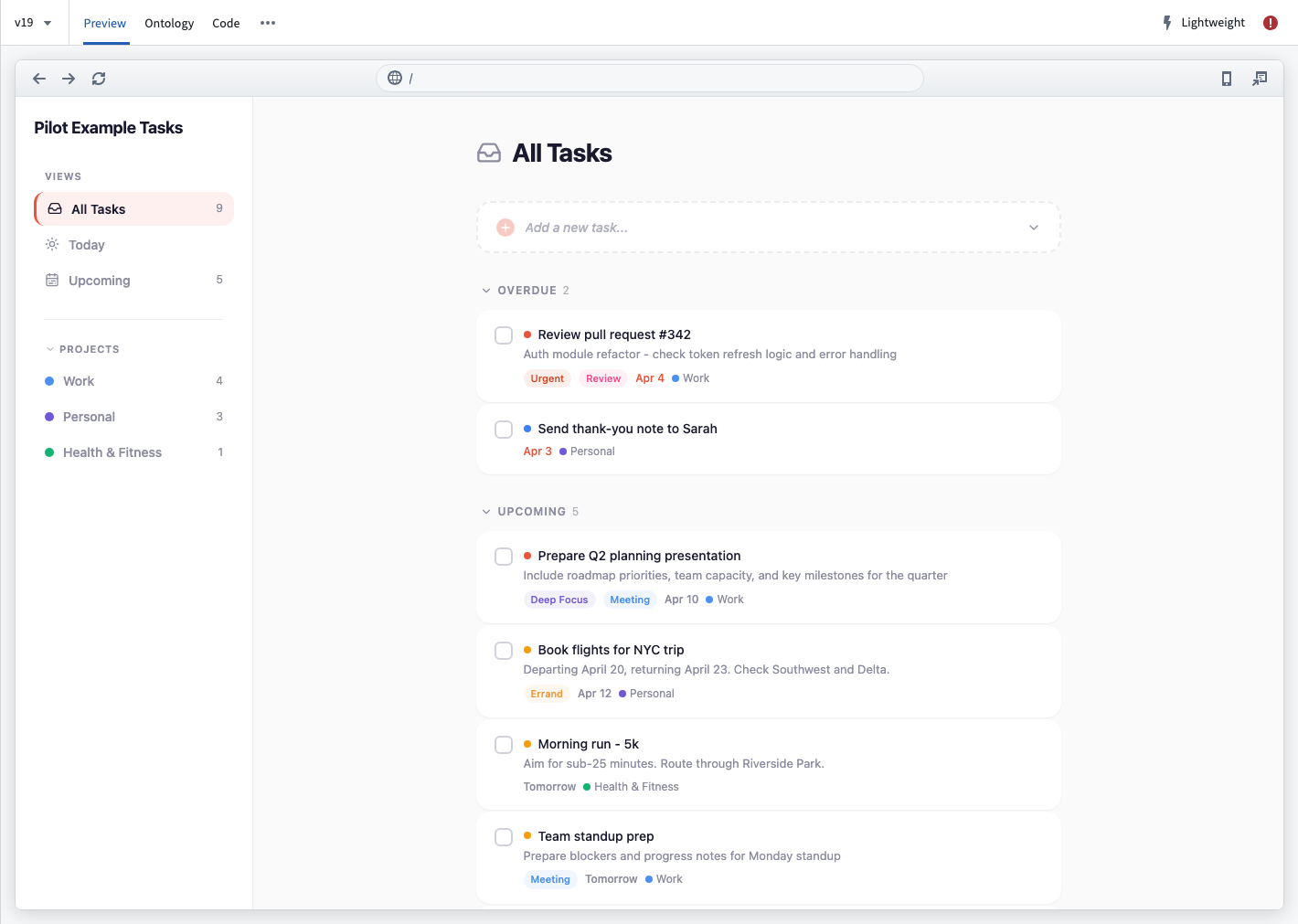 The Preview tab, showing a generated application with the device selector dropdown.