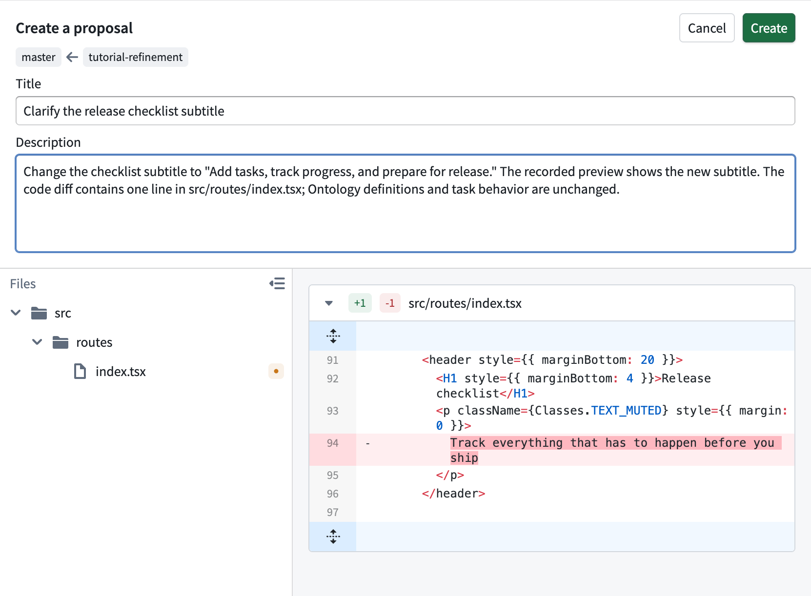 The Create a proposal view contains a title, description, source and destination branches, and code differences.