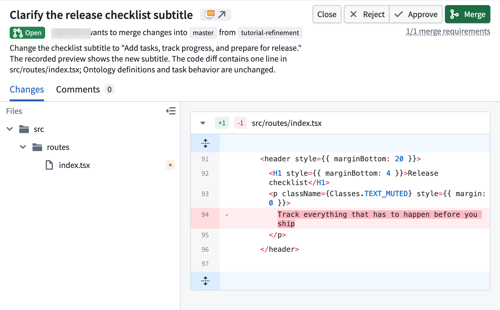 An open proposal shows its code differences, Comments tab, merge requirements, and review controls.