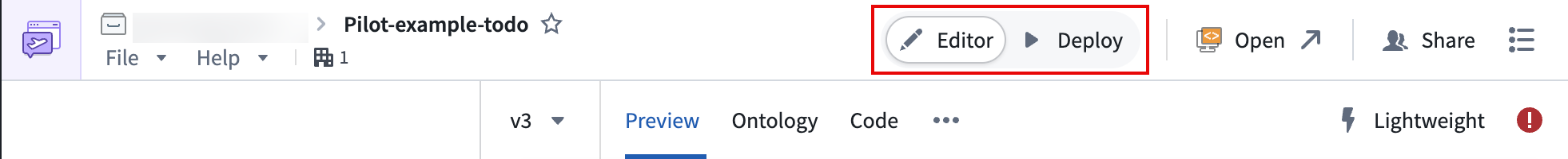 The Editor and Deploy view toggle in the top-right corner of the workspace.