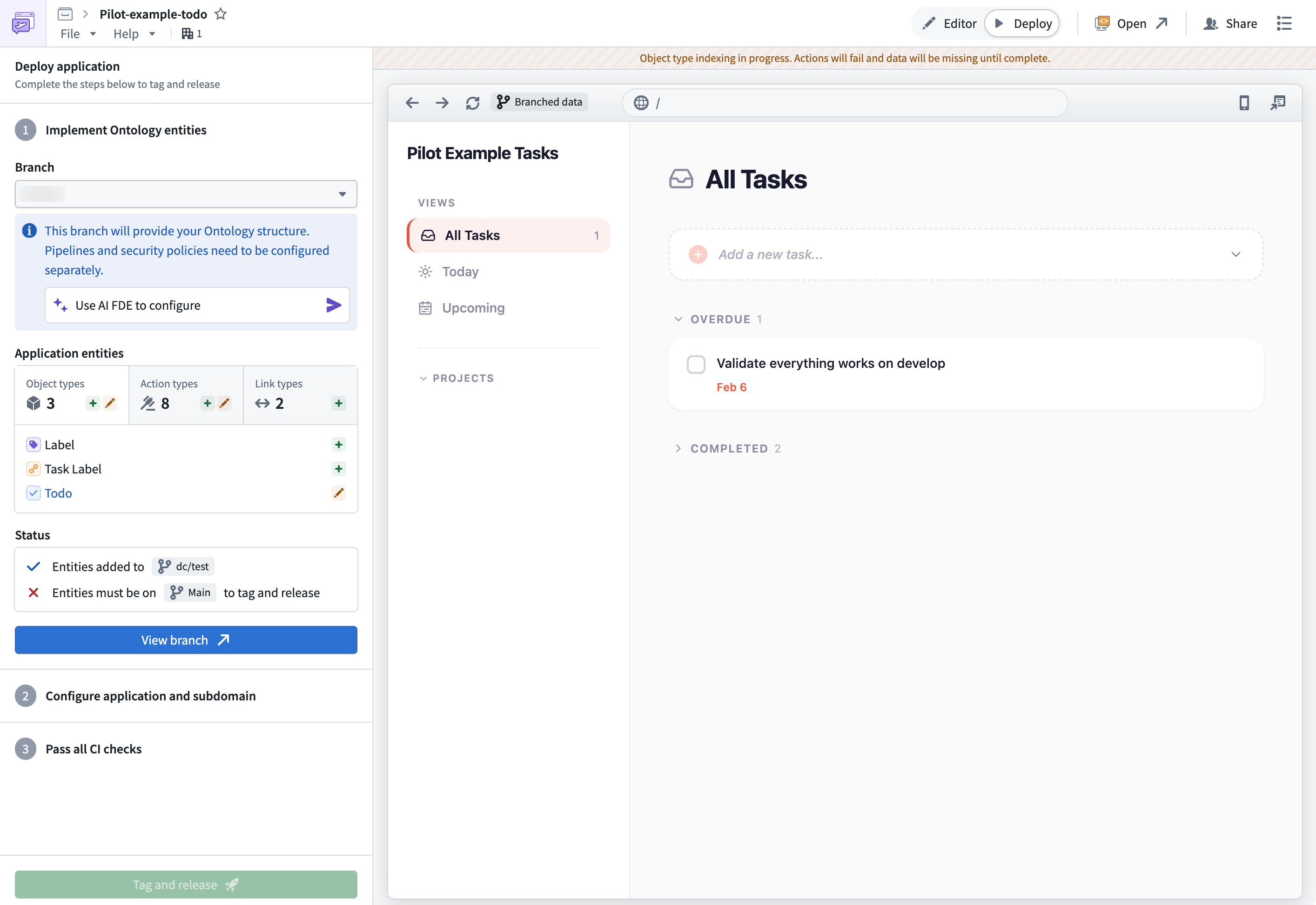 The deployment panel showing the three-step checklist and a live preview of the application.