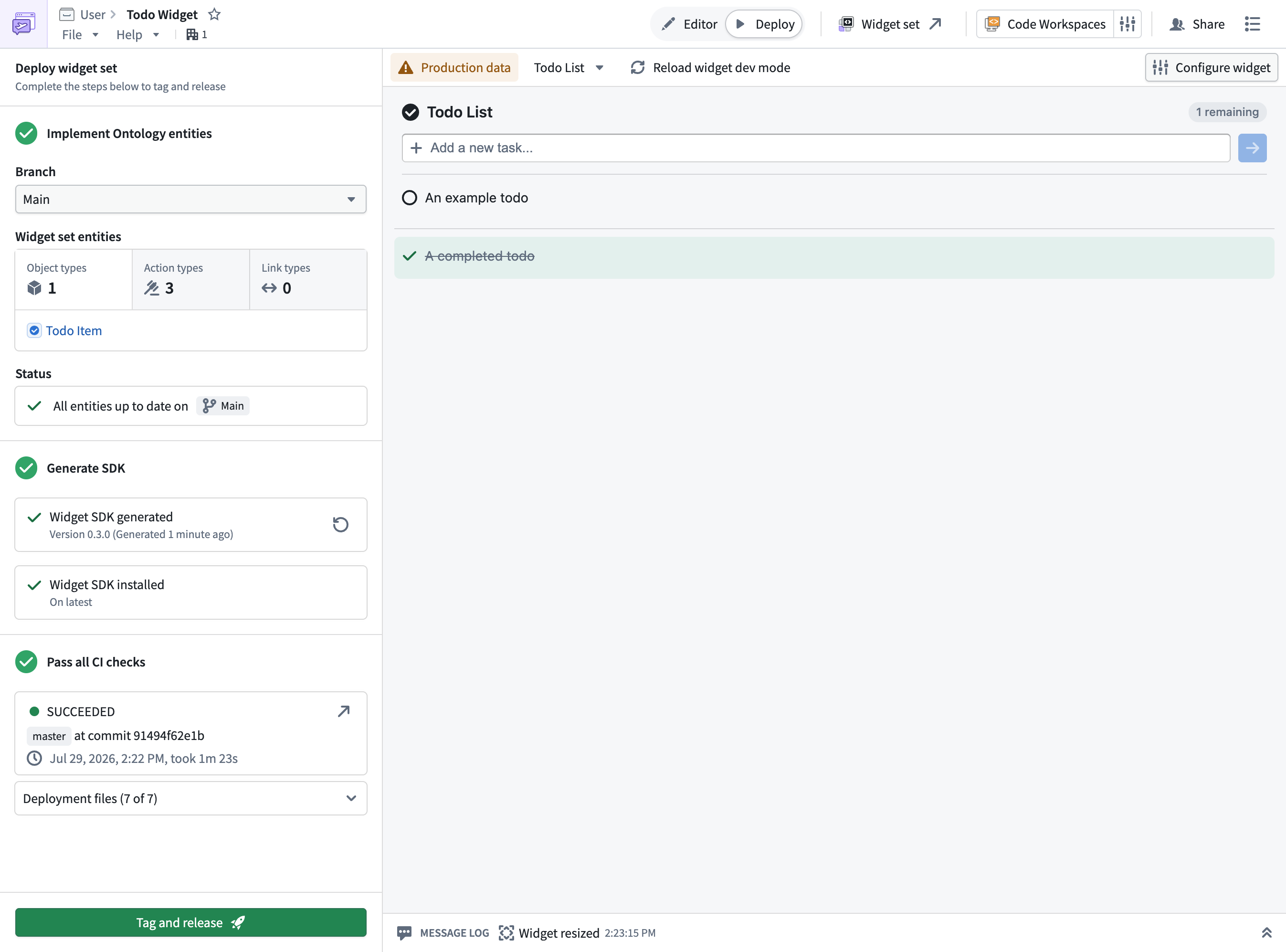 Tagging and releasing a custom widget from the Deploy view.