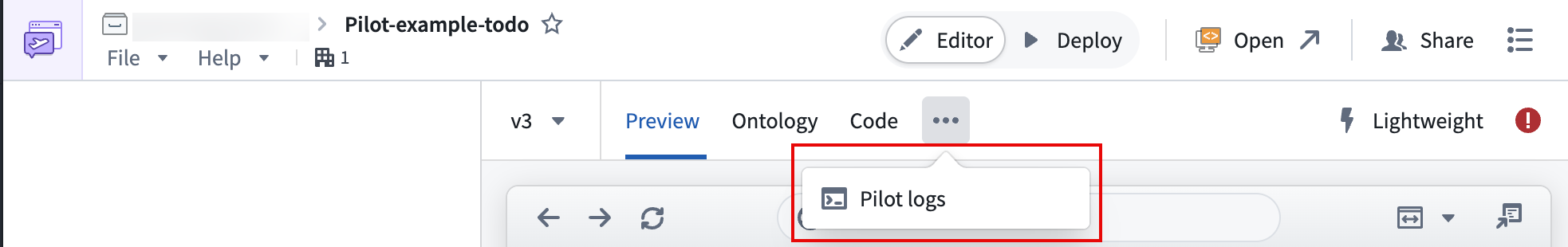 The Pilot logs option in the three-dot menu next to the tab bar.