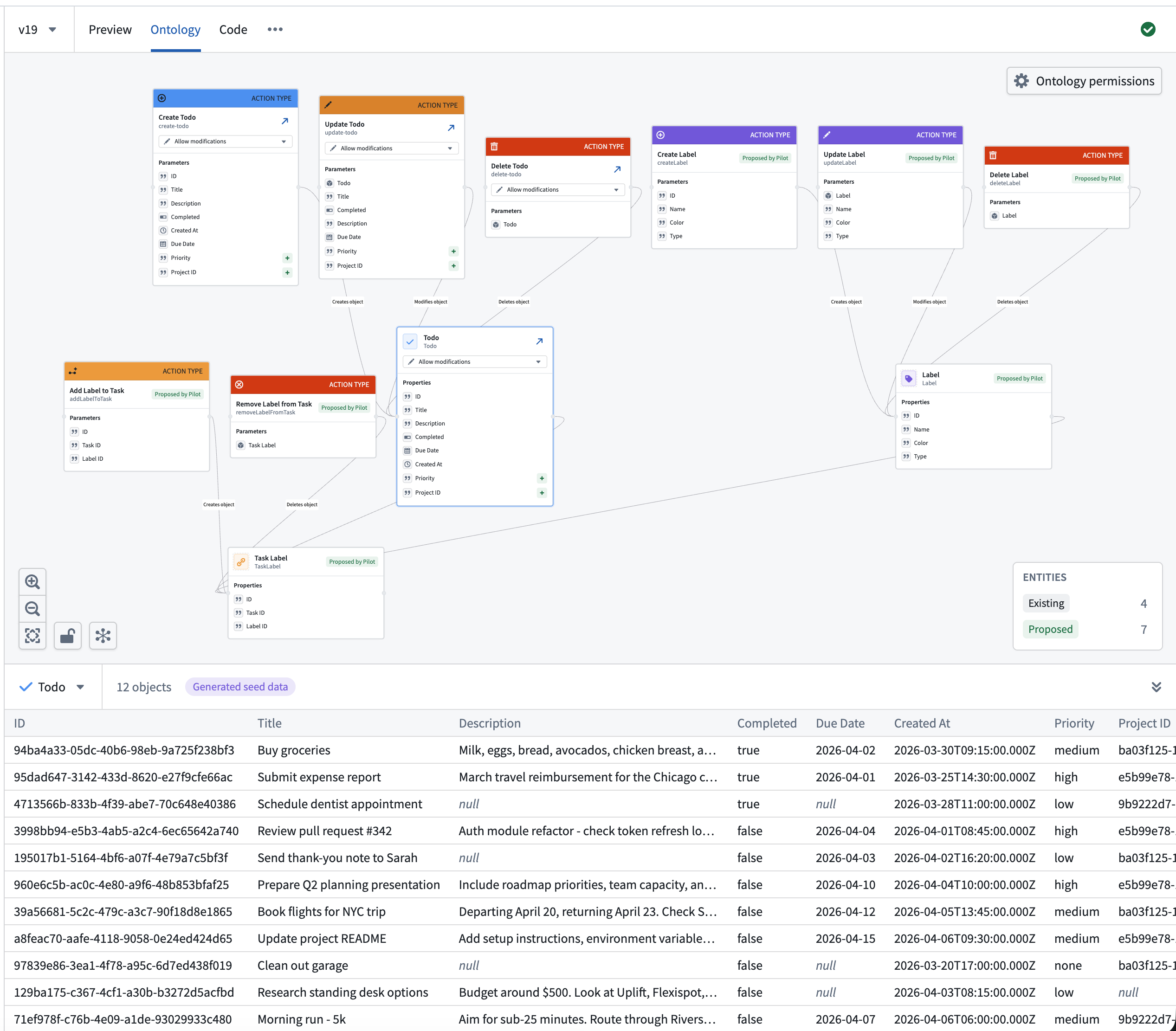 The data preview panel for a selected object type, showing properties and sample records.