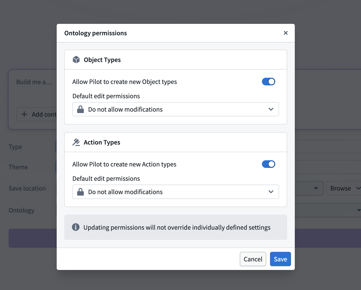 The Ontology permissions dialog showing default settings for object types and action types.