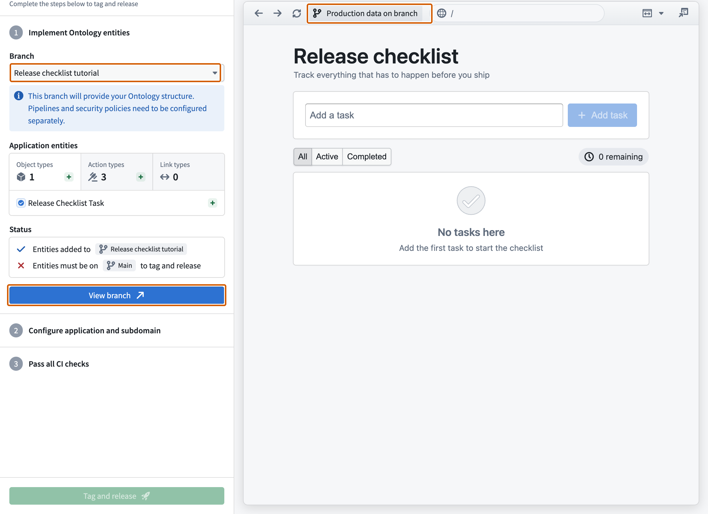 The deployment view shows the tutorial branch, entities added to that branch, the Production data on branch indicator, and View branch.