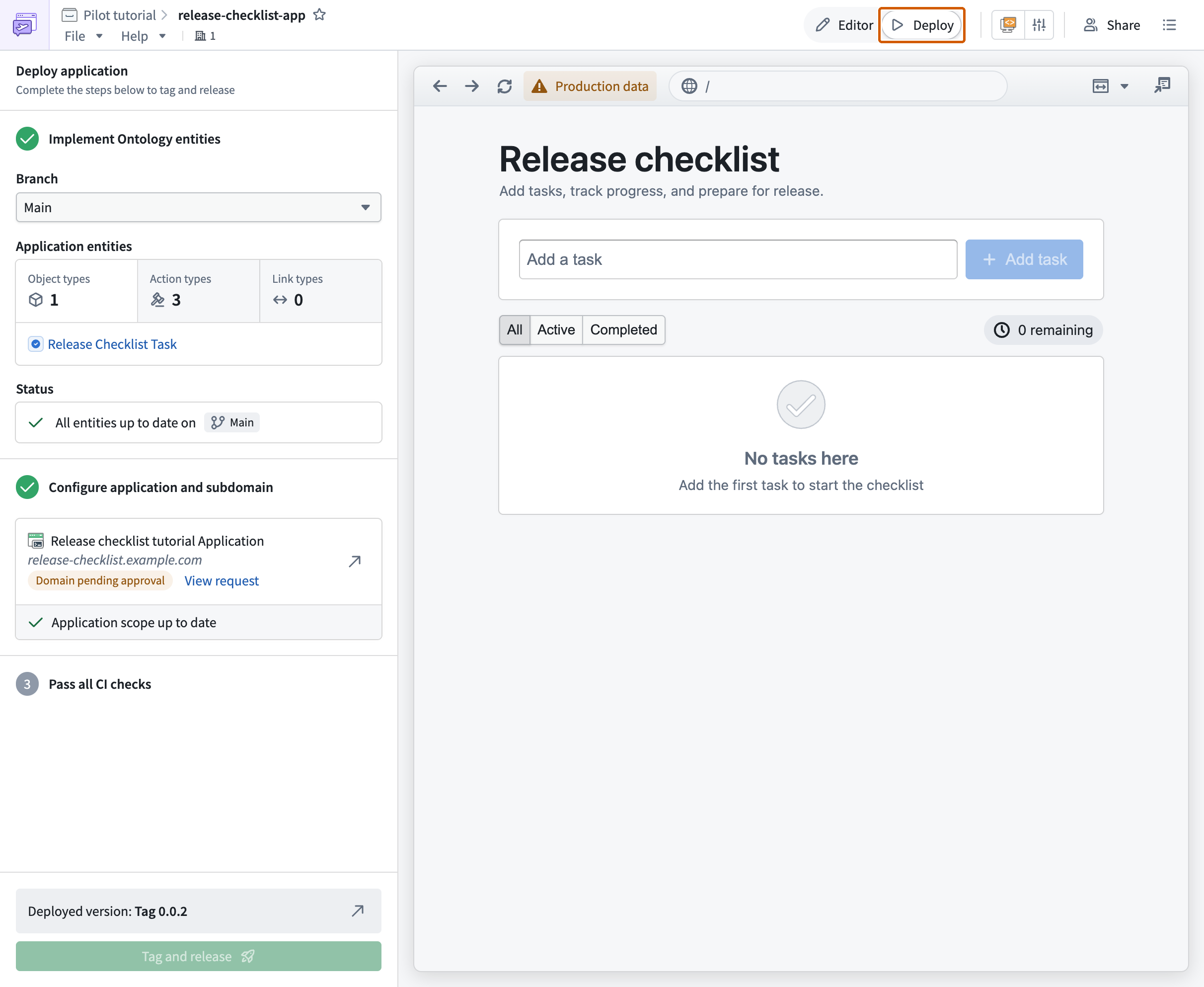 The Editor and Deploy control is outlined above the deployment checklist and application preview.
