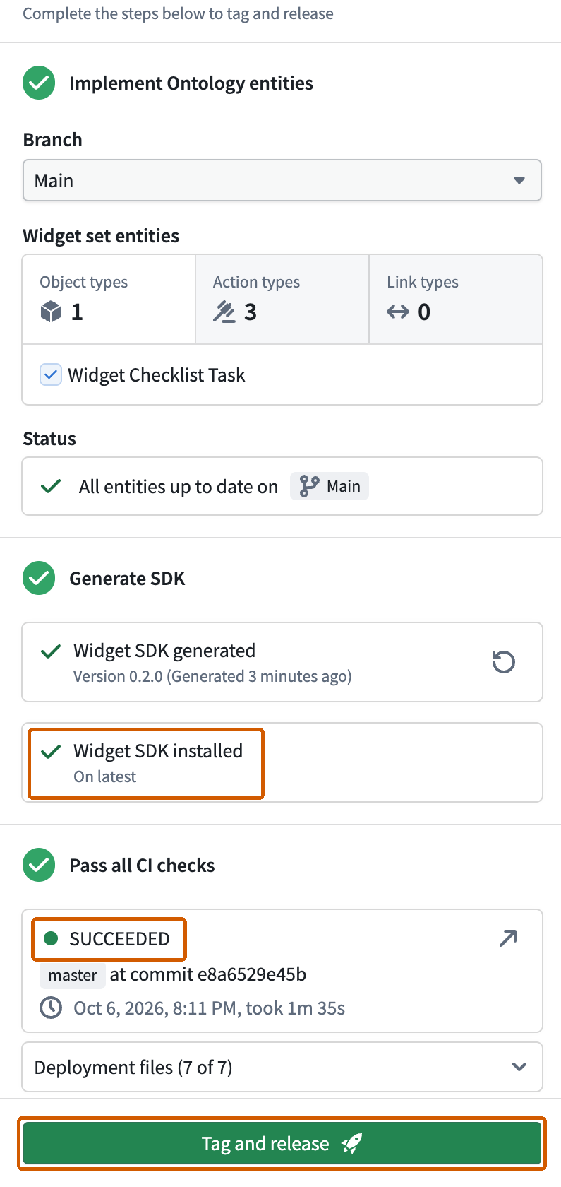 The new-entity widget deployment shows its task model on Main, the updated SDK, and successful CI checks.