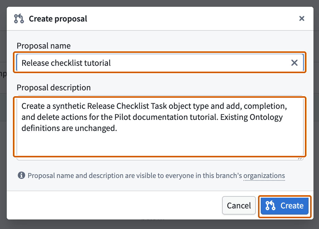 The Create proposal dialog shows a name, description, and Create button.