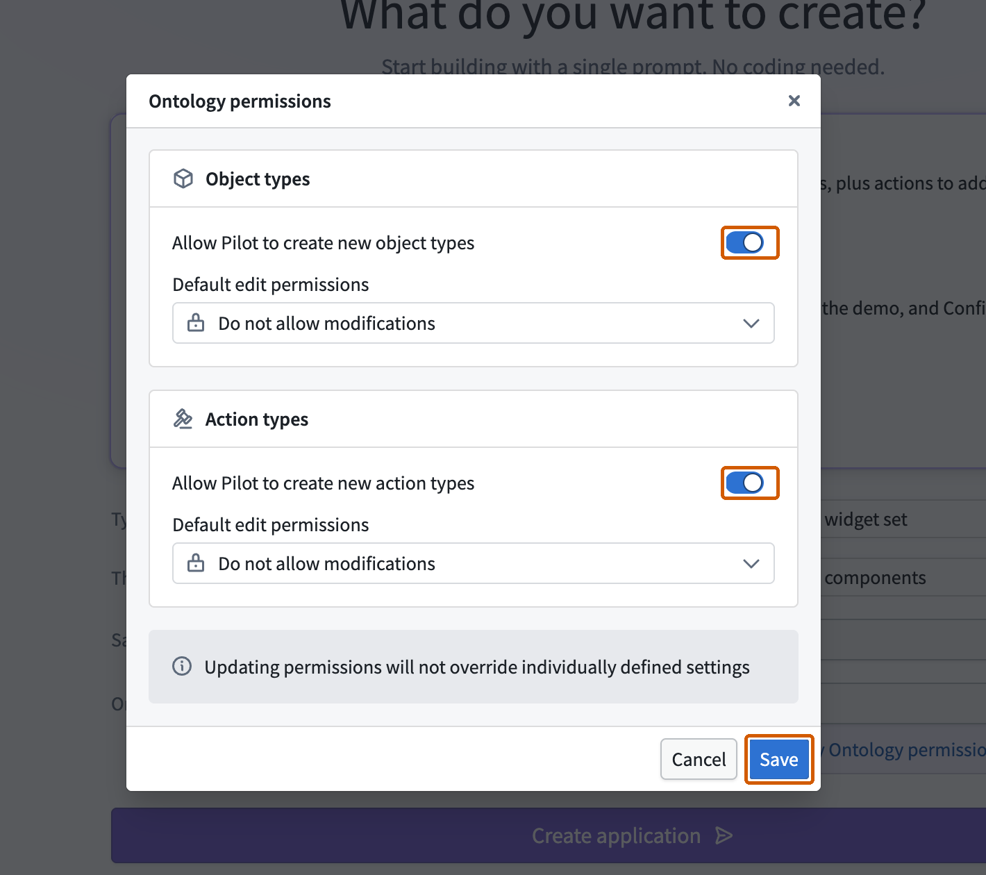 The permissions dialog shows both creation switches enabled and modifications to existing definitions prohibited.