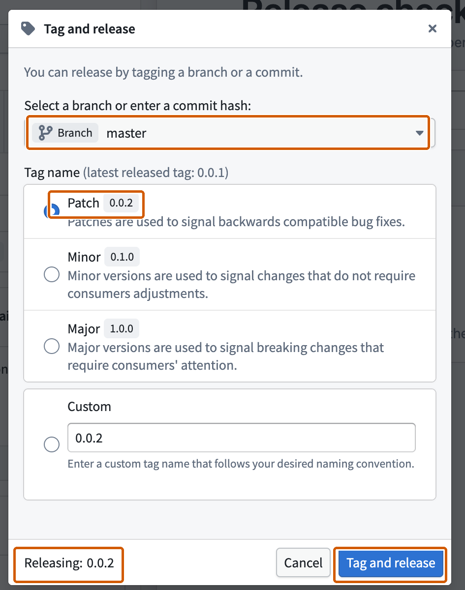 The Tag and release dialog shows the selected branch, version options, resulting tag, and confirmation button.