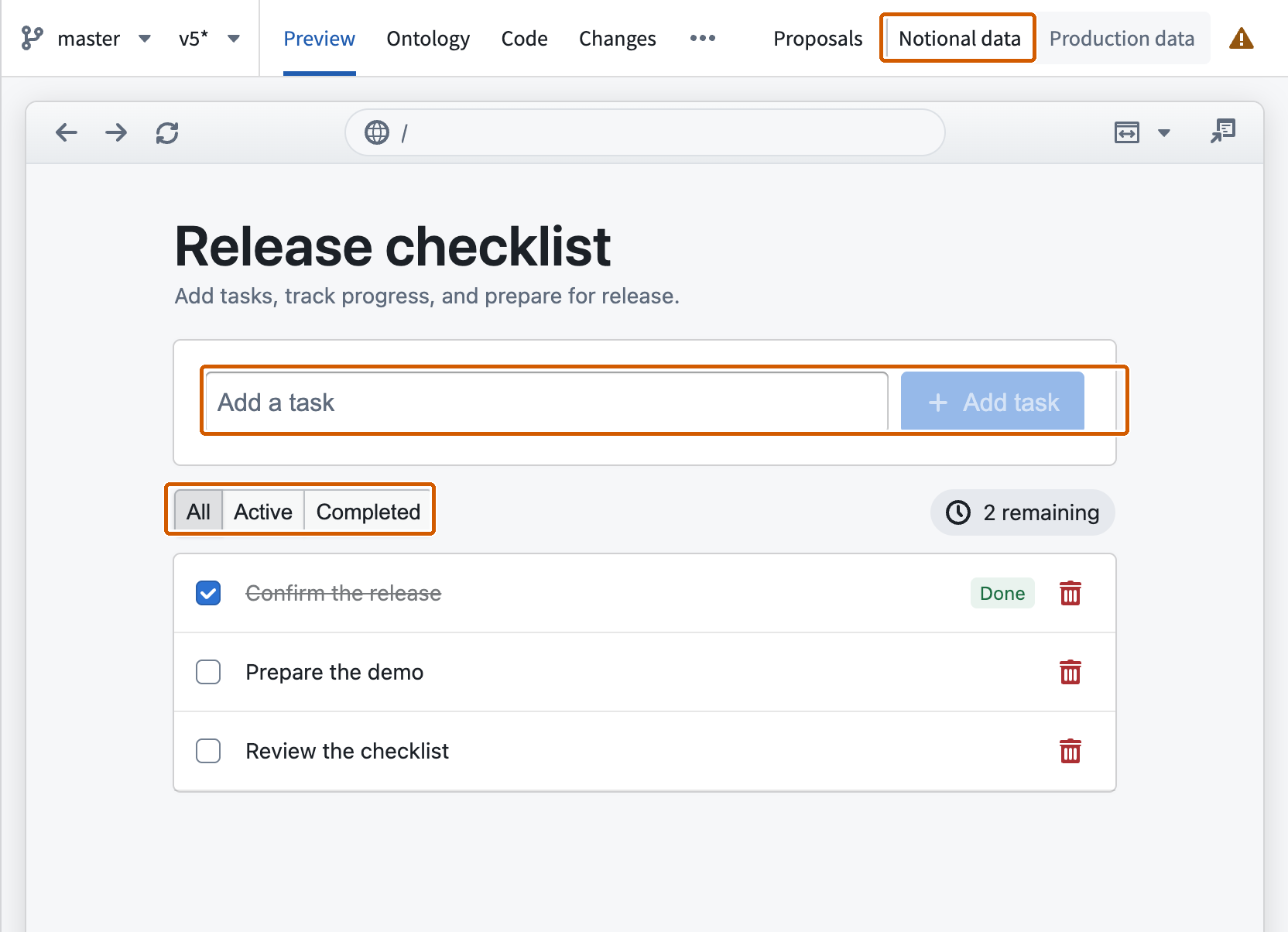 The Preview tab shows Notional data selected, the task input, and the All, Active, and Completed filters.