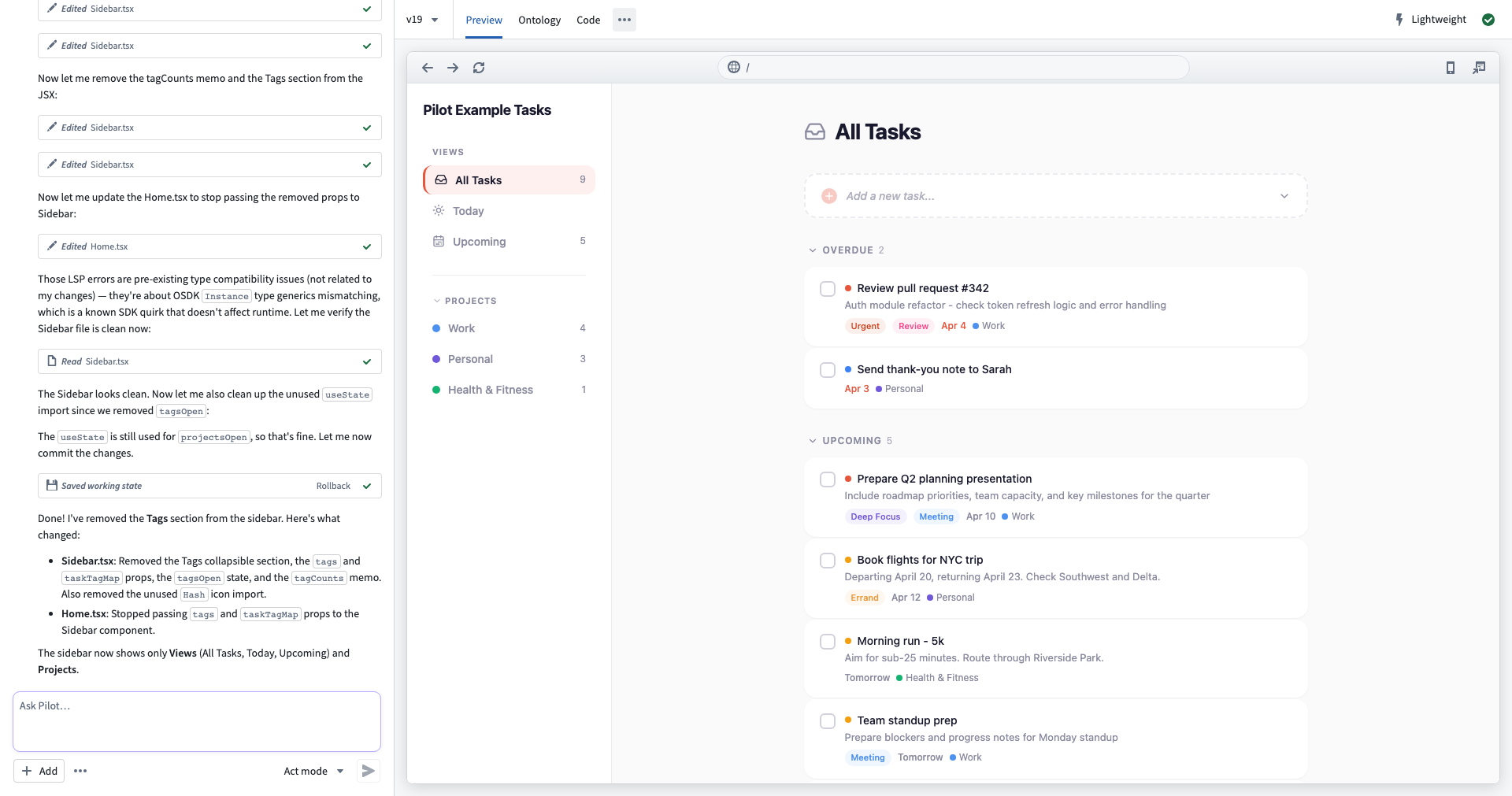 The Pilot workspace layout, with the chat panel on the left and application view tabs on the right.