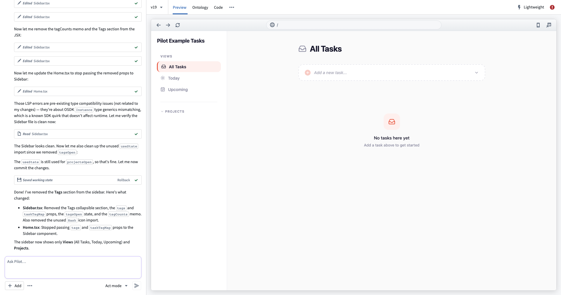 The Pilot workspace showing a generated application in the Preview tab.