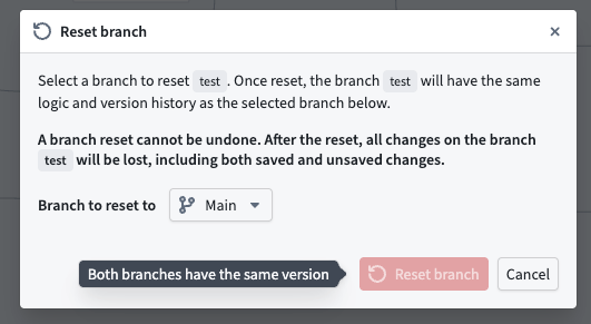 The reset branch option, displaying a disabled button.