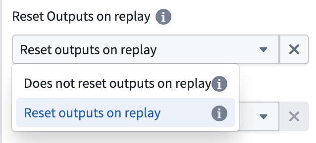 The Advanced section in the deploy panel showing the option to preserve output views during replay.