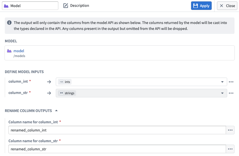 Input and output column mapping for the trained model node.