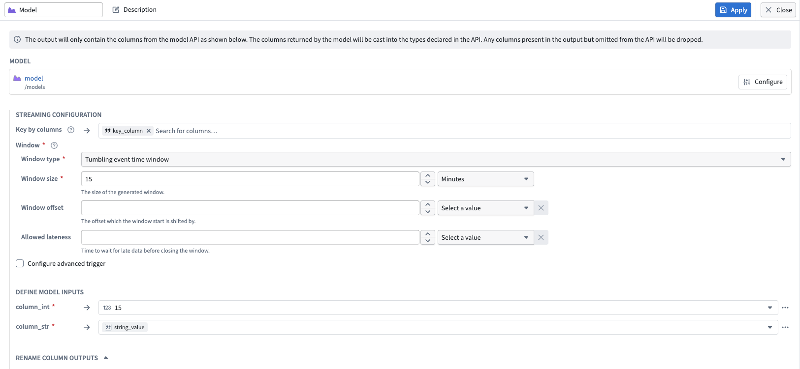 Streaming, input, and output column mapping for the trained model node.