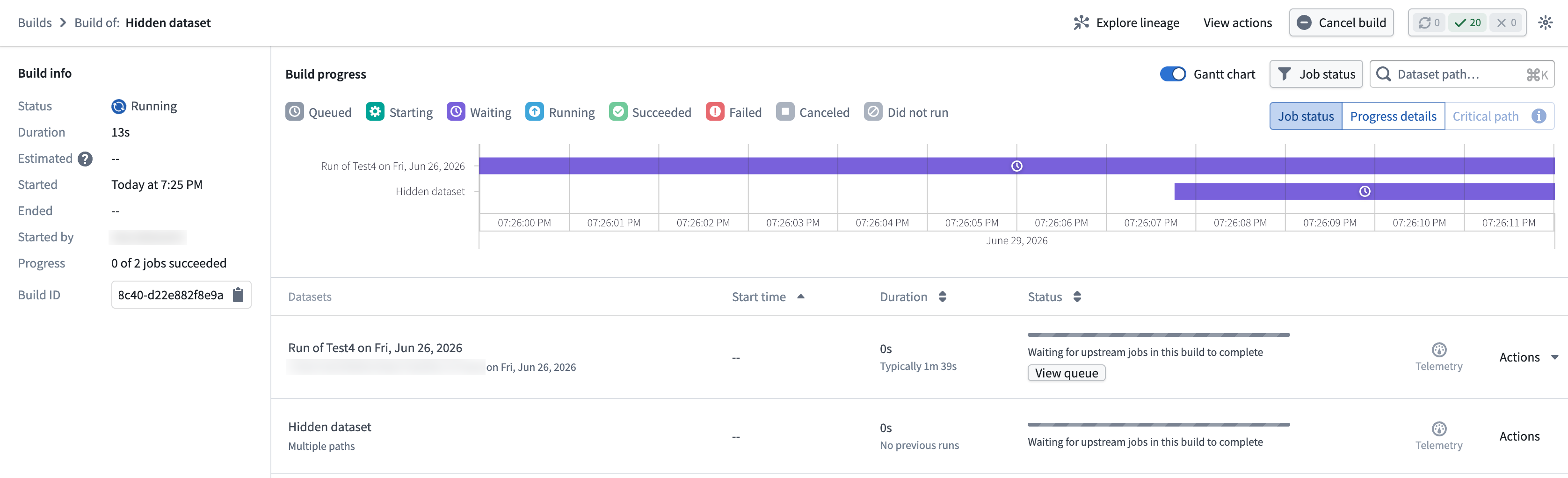 The build report showing the live progress of an evaluation suite build.