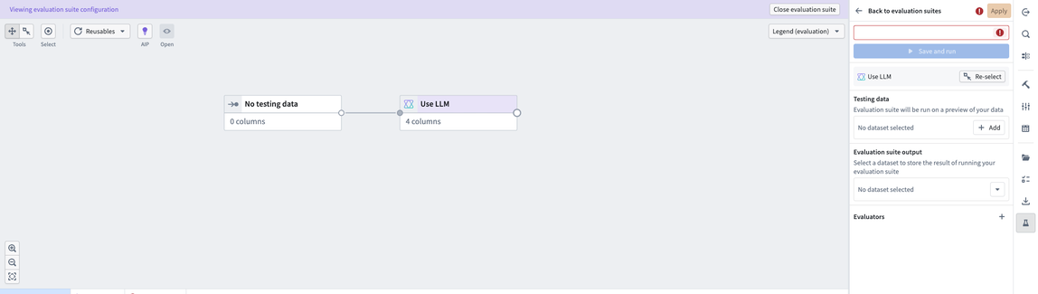 The evaluation suite configuration view showing the testing data, output, and evaluators fields.