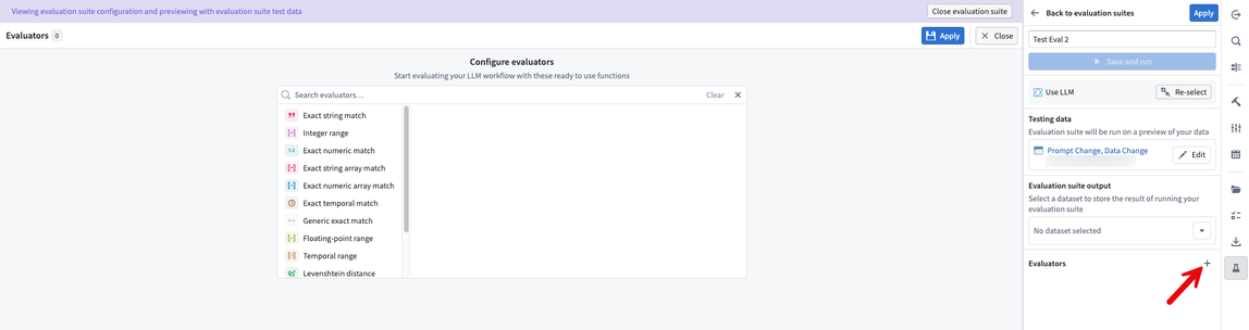 The Evaluators menu showing available evaluators such as Exact string match.