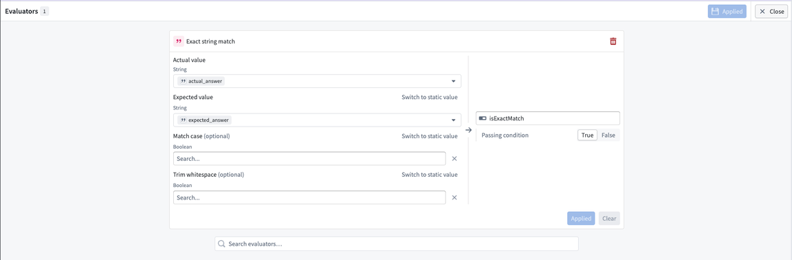 The configuration page for the Exact string match evaluator.
