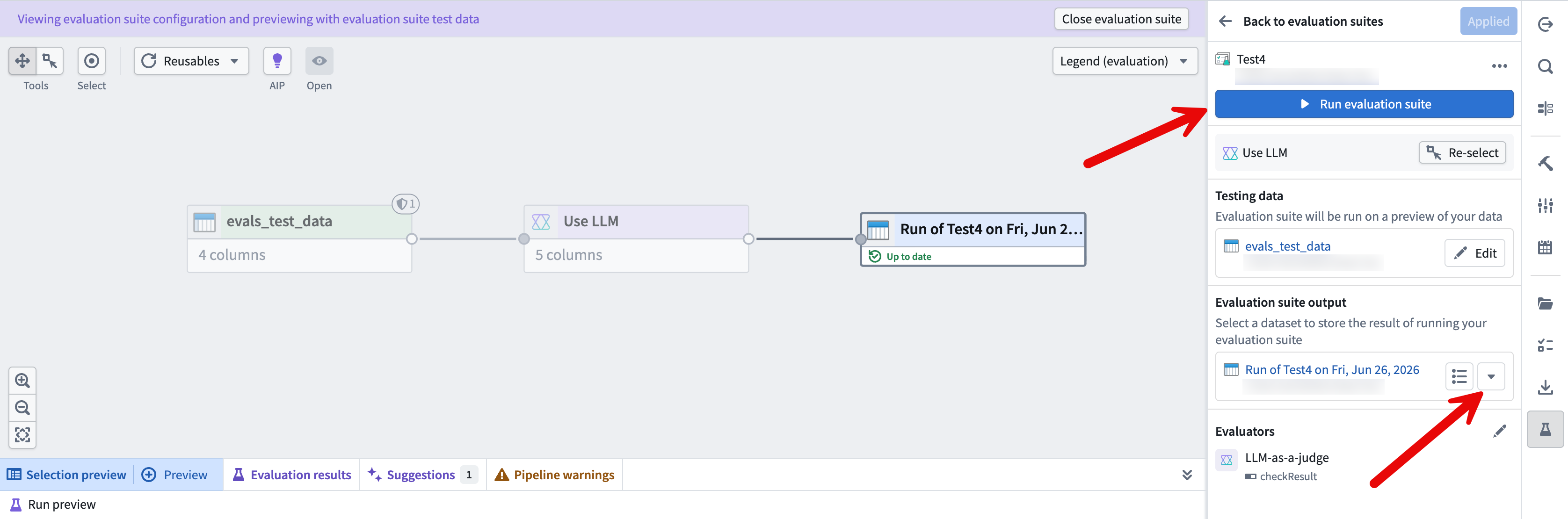 The Evaluation suite output field with the option to select an existing dataset or create a new one.