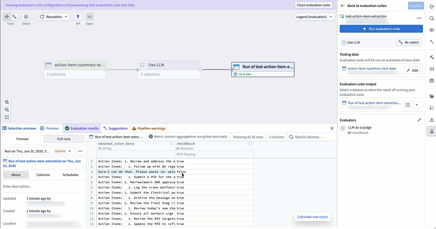 The Evaluation results tab showing the evaluator output column and the passing result for each row.