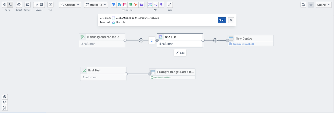 The prompt to select a Use LLM node on the graph, with the Start option.