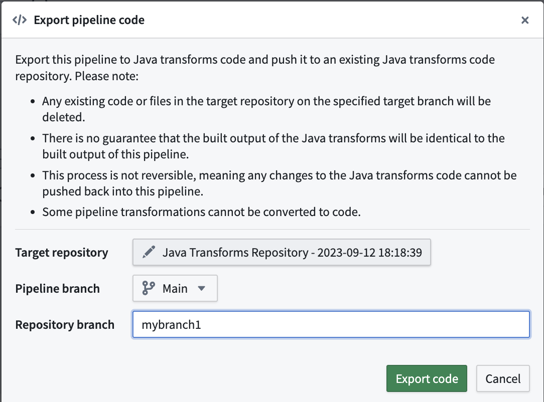 Pipeline Builder • Pipeline management • Export pipeline code • Palantir