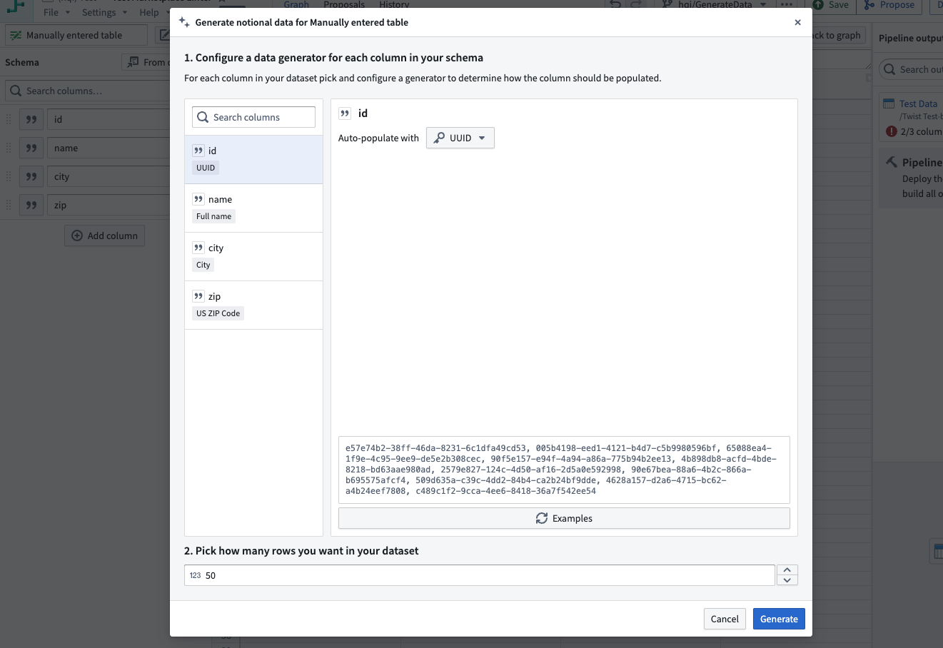 Select a set of notional data for your data table.