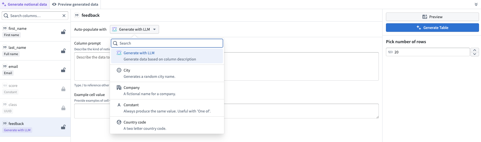 The generate with LLM option for auto populating data.