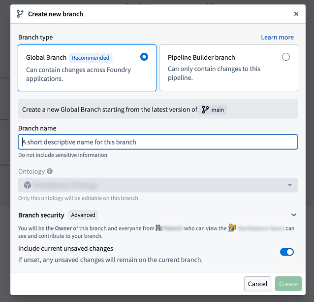 Creating a branch in Pipeline Builder.