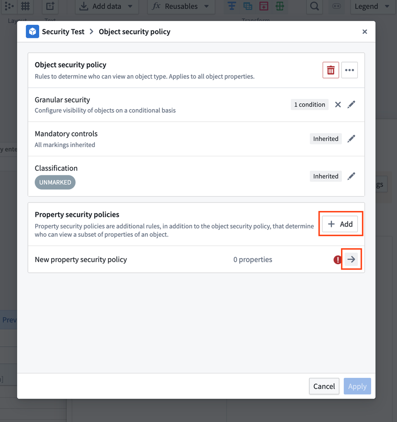 Screenshot how to add property security policies.